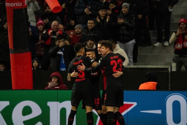 GER, UEFA Europa League matchday 6, Bayer 04 Leverkusen vs Molde Fotballklubb 14 12 2023, BayArena, Leverkusen, GER, UEFA Europa League matchday 6, Bayer 04 Leverkusen vs Molde Fotballklubb In the picture Goal celebration Cheering the goal to 0 by Patrik Schick Bayer 04 Leverkusen, 14 Piero Hincapie Bayer 04 Leverkusen, 3 Adam Hlozek Bayer 04 Leverkusen, 23 nordphotoxGmbHxx xChristianxSchulze nph000300