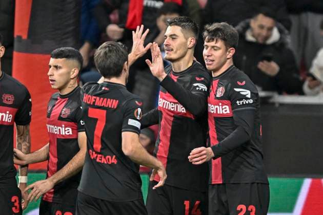 the team of Leverkusen jubilation joy emotion goal celebration goal scorer Patrik Schick 14, Bayer Leverkusen 14 12 2023 Soccer Europa League, Bayer 04 Leverkusen vs Molde FK, BayArena, Leverkusen, NRW Germany Copyright: xpepphotox xHorstxMauelshagenx pep00321, pep_20231214_hm