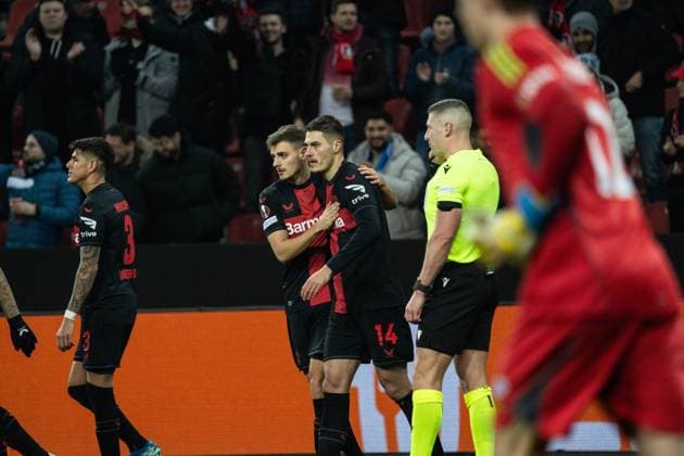 GER, UEFA Europa League matchday 6, Bayer 04 Leverkusen vs Molde Fotballklubb 14 12 2023, BayArena, Leverkusen, GER, UEFA Europa League matchday 6, Bayer 04 Leverkusen vs Molde Fotballklubb In the picture Goal celebration Cheering for the goal to 0 by Patrik Schick Bayer 04 Leverkusen, 14 Josip Stanisic Bayer 04 Leverkusen, 2 nordphotoxGmbHxx xChristianxSchulze nph000300