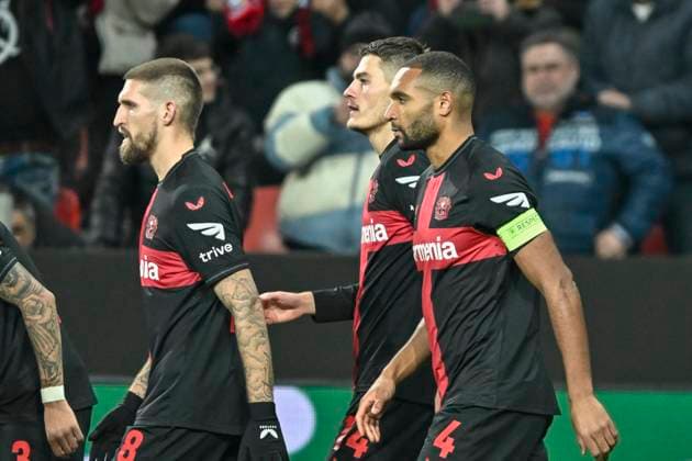 Patrik Schick 14, Bayer Leverkusen celebrates after scoring 1 0 with Jonathan Tah 4, Bayer Leverkusen Robert Andrich 8, Bayer Leverkusen 14 12 2023 Soccer Europa League, Bayer 04 Leverkusen vs Molde FK, BayArena, Leverkusen, NRW Germany Copyright: xpepphotox xHorstxMauelshagenx pep00321, pep_20231214_hm