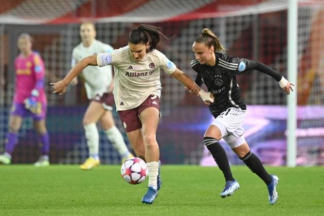 Jovana DAMNJANOVIC FCB , action,duel against Rosa Van GOOL Amsterdam football Champions League group stage, FC Bayern Muenchen Ajax Amsterdam on 14 12 2023, A L L I A N Z A R E N A