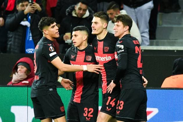 From left to right Piero Hincapie, Gustavo Puerta, goal scorer Patrik Schick and Adam Hlozek Bayer 04 Leverkusen celebrate the goal for 1 0 GER, Bayer 04 Leverkusen vs Molde FK, Football, Europa League, Group stage, Matchday 6, Season 2023 2024, 14 12 2023 DFL REGULATES PROHIBIT ANY USE OF PHOTOGRAPHS AS IMAGE SEQUENCES AND OR QUASI VIDEO GER, Bayer 04 Leverkusen vs Molde FK, Football, Europa League, Group stage, Matchday 6, Season 2023 2024, 14 12 2023 Leverkusen Copyright: xEibner-Pressefoto ThomasxThienelx EP_TTL