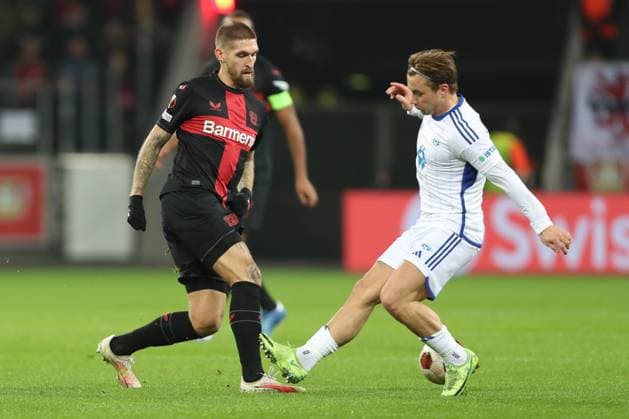 Germany, Leverkusen, 14 12 2023, BayArena, Bayer Leverkusen vs Molde FK UEFA Europa League 2023 2024 Group H, Robert Andrich Bayer 04 Leverkusen and Fredrik Gulbrandsen Molde FK battle for the ball Leverkusen BayArena North Rhine Westfalia Germany eu-images-678