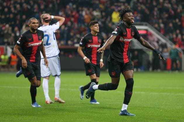 Germany, Leverkusen, 14 12 2023, BayArena, Bayer Leverkusen vs Molde FK UEFA Europa League 2023 2024 Group H, Edmond Tapsoba Bayer 04 Leverkusen celebrates after scoring his team s second goal Leverkusen BayArena North Rhine Westfalia Germany eu-images-678