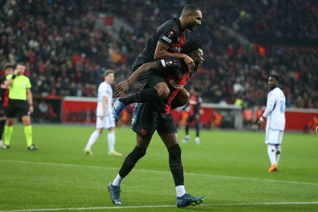 Germany, Leverkusen, 14 12 2023, BayArena, Bayer Leverkusen vs Molde FK UEFA Europa League 2023 2024 Group H, Edmond Tapsoba Bayer 04 Leverkusen celebrates after scoring his team s second goal with teammates Leverkusen BayArena North Rhine Westfalia Germany eu-images-678