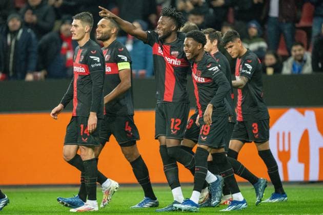GER, EL, Bayer 04 Leverkusen vs Molde FK, Season 2023 24, 14 12 2023, BayArena, Leverkusen, GER, EL, Bayer 04 Leverkusen vs Molde FK, Season 2023 24, In the billd cheering after the goal to 2 0 goal cheer cheer cheer by Edmond Tapsoba Bayer 04 Leverkusen, 12 single action, half body half body cutout, single image, action, action scene gestures, facial expressions, emotions nordphotoxGmbHxx xDenkinger nph00015