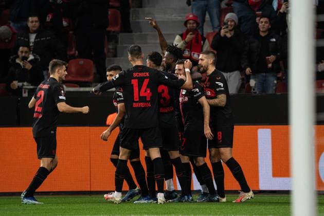 GER, UEFA Europa League Matchday 6, Bayer 04 Leverkusen vs Molde Fotballklubb 14 12 2023, BayArena, Leverkusen, GER, UEFA Europa League Matchday 6, Bayer 04 Leverkusen vs Molde Fotballklubb In the picture Goal celebration Cheering for the 2-0 goal by Edmond Tapsoba Bayer 04 Leverkusen, 12 Patrik Schick Bayer 04 Leverkusen, 14 Piero Hincapie Bayer 04 Leverkusen, 3 Jonas Hofmann Bayer 04 Leverkusen, 7 Robert Andrich Bayer 04 Leverkusen, 8 nordphotoxGmbHxx xChristianxSchulze nph000300