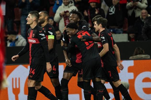 GER, UEFA Europa League Matchday 6, Bayer 04 Leverkusen vs Molde Fotballklubb 14 12 2023, BayArena, Leverkusen, GER, UEFA Europa League Matchday 6, Bayer 04 Leverkusen vs Molde Fotballklubb In the picture Goal celebration Cheering the goal to 2 0 by Edmond Tapsoba Bayer 04 Leverkusen, 12 Patrik Schick Bayer 04 Leverkusen, 14 Piero Hincapie Bayer 04 Leverkusen, 3 Jonas Hofmann Bayer 04 Leverkusen, 7 Robert Andrich Bayer 04 Leverkusen, 8 Jonathan Tah Bayer 04 Leverkusen, 4 nordphotoxGmbHxx xChristianxSchulze nph000300