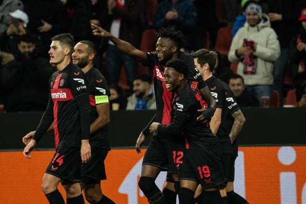 GER, UEFA Europa League Matchday 6, Bayer 04 Leverkusen vs Molde Fotballklubb 14 12 2023, BayArena, Leverkusen, GER, UEFA Europa League Matchday 6, Bayer 04 Leverkusen vs Molde Fotballklubb In the picture Goal celebration Cheering the goal to 2 0 by Edmond Tapsoba Bayer 04 Leverkusen, 12 Patrik Schick Bayer 04 Leverkusen, 14 Piero Hincapie Bayer 04 Leverkusen, 3 Jonas Hofmann Bayer 04 Leverkusen, 7 Robert Andrich Bayer 04 Leverkusen, 8 Jonathan Tah Bayer 04 Leverkusen, 4 nordphotoxGmbHxx xChristianxSchulze nph000300