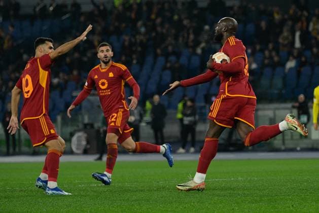 Football Europa League match - AS Roma vs FC Sheriff Tiraspol Romelu Lukaku (AS Roma); celebrates after scoring the goal 1-0 during the UEFA Europa League 2023-2024 football match between AS Roma vs FC Sheriff Tiraspol Group G at the Olympic Stadium in Rome on 14 December 2023. Rome Italy  Copyright: xIPAxSport ABACAx