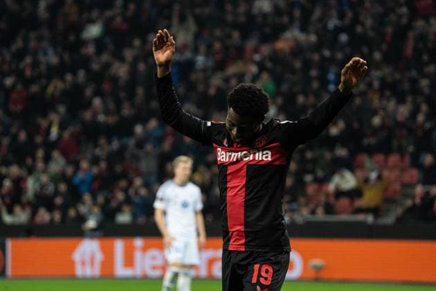 GER, UEFA Europa League matchday 6, Bayer 04 Leverkusen v Molde Fotballklubb 14 12 2023, BayArena, Leverkusen, GER, UEFA Europa League matchday 6, Bayer 04 Leverkusen v Molde Fotballklubb Pictured Nathan Tella Bayer 04 Leverkusen, 19 Goal celebration Celebrating the goal for the 3-0 own goal by Martin Ellingsen Molde Fotballklubb, 6 nordphotoxGmbHxx xChristianxSchulze nph000300