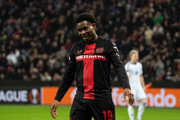 GER, UEFA Europa League matchday 6, Bayer 04 Leverkusen v Molde Fotballklubb 14 12 2023, BayArena, Leverkusen, GER, UEFA Europa League matchday 6, Bayer 04 Leverkusen v Molde Fotballklubb Pictured Nathan Tella Bayer 04 Leverkusen, 19 Goal celebration Celebrating the goal for the 3-0 own goal by Martin Ellingsen Molde Fotballklubb, 6 nordphotoxGmbHxx xChristianxSchulze nph000300