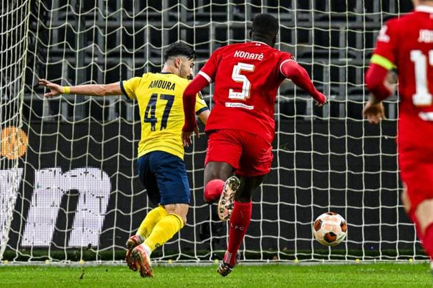 BRUSSELS - Mohammed Amoura of Royale Union Saint-Gilloise scores the 1-0 during the UEFA Europa League in Group E match between R. Union Sint Gillis and Liverpool FC at the Lotto Park stadium on December 14, 2023 in Brussels, Belgium. ANP Hollandse Hoogte UEFA Europa Europa League 2023 24 2022 2023 xVIxANPxSportx xGerritxvanxKeulenxIVx 486292209 originalFilename: 486292209.jpg
