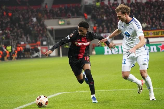 Football, UEFA Europa League 2023 2024, Group stage , Group H, Matchday 6, Bayer 04 Leverkusen Molde FK, 14 12 2023, Bayarena Leverkusen, Nathan Tella, Bayer 04 Leverkusen , Magnus Grodem,