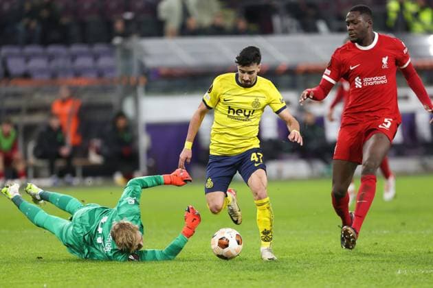 231214 Royale Union Saint-Gilloise vs Liverpool FC Mohammed Mohamed Amoura of Union scores the 1-0 goal during a football game between Royale Union Saint-Gilloise and Liverpool FC on day 6 in Group E of the UEFA Europa League season 2023-2024 competition on December 14, 2023 in Brussels, Belgium. (Photo by Frank Abbeloos Isosport) BRUSSELS BELGIUM  Copyright: xx 424503