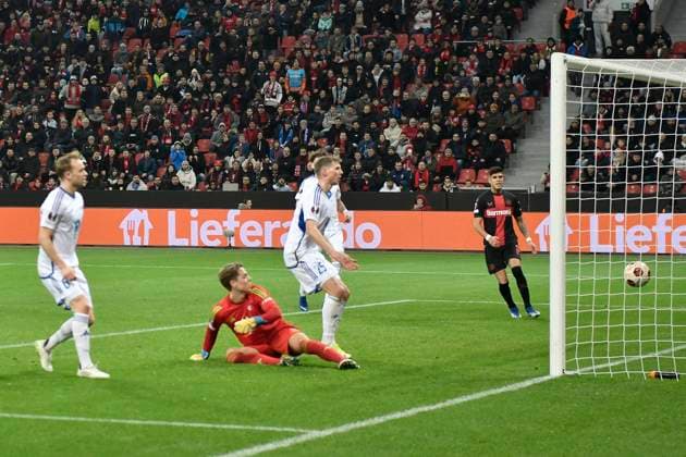 Martin Ellingsen 6, Molde FK scores the goal for 3 0 own goal 14 12 2023 Soccer Europa League, Bayer 04 Leverkusen vs Molde FK, BayArena, Leverkusen, NRW Germany Copyright: xpepphotox xHorstxMauelshagenx pep00321, pep_20231214_hm
