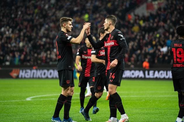 GER, UEFA Europa League matchday 6, Bayer 04 Leverkusen v Molde Fotballklubb 14 12 2023, BayArena, Leverkusen, GER, UEFA Europa League matchday 6, Bayer 04 Leverkusen v Molde Fotballklubb In the picture Josip Stanisic Bayer 04 Leverkusen, 2 Patrik Schick Bayer 04 Leverkusen, 14 Goal celebration Celebration over the goal for the 3 0 own goal by Martin Ellingsen Molde Fotballklubb, 6 nordphotoxGmbHxx xChristianxSchulze nph000300