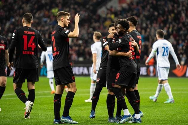 GER, UEFA Europa League matchday 6, Bayer 04 Leverkusen v Molde Fotballklubb 14 12 2023, BayArena, Leverkusen, GER, UEFA Europa League matchday 6, Bayer 04 Leverkusen v Molde Fotballklubb In the picture Josip Stanisic Bayer 04 Leverkusen, 2 Nathan Tella Bayer 04 Leverkusen, 19 Jonas Hofmann Bayer 04 Leverkusen, 7 Goal celebrations over the goal for the 3 0 own goal by Martin Ellingsen Molde Fotballklubb, 6 nordphotoxGmbHxx xChristianxSchulze nph000300