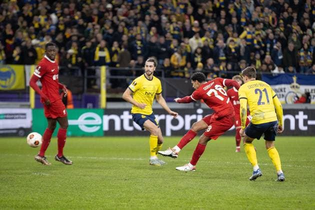 Royale Union Saint Gilloise v Liverpool Europa League 14 12 2023. GOAL 1-1 Liverpool defender Jarell Quansah (78) scores during the Europa League match between Royale Union Saint Gilloise and Liverpool at Lotto Park, Anderlecht, Belgium on 14 December 2023. Editorial use only , Copyright: xIanxStephenx PSI-18627-0016