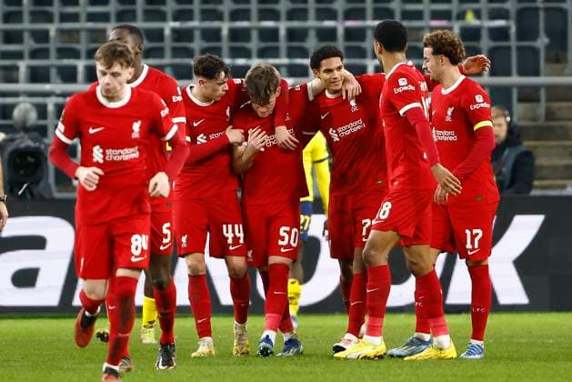Union SG v Liverpool FC - UEFA Europa League BRUSSELS, BELGIUM - DECEMBER 14 : Burgess Christian defender of Union St-Gilloise looks dejected when Quansah Jarell defender of Liverpool celebrates after scoring pictured during the UEFA Europa League Group E match between Union SG and Liverpool at the Anderlecht stadium on December 14, 2023 in Brussels, Belgium, 14 12 2023 Brussels Belgium  Copyright: xJanxDexMeuleneirx