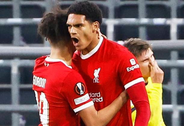 Union SG v Liverpool FC - UEFA Europa League BRUSSELS, BELGIUM - DECEMBER 14 : Quansah Jarell defender of Liverpool celebrates after scoring pictured during the UEFA Europa League Group E match between Union SG and Liverpool at the Anderlecht stadium on December 14, 2023 in Brussels, Belgium, 14 12 2023 Brussels Belgium  Copyright: xJanxDexMeuleneirx