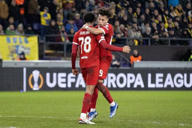 Royale Union Saint Gilloise v Liverpool Europa League 14 12 2023. GOAL 1-1 Liverpool defender Jarell Quansah (78) scores and celebrates with Liverpool forward Kaide Gordon (49) during the Europa League match between Royale Union Saint Gilloise and Liverpool at Lotto Park, Anderlecht, Belgium on 14 December 2023. Editorial use only , Copyright: xIanxStephenx PSI-18627-0018