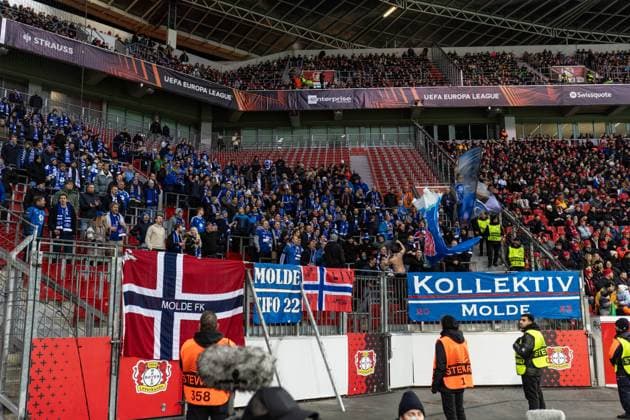 GER, UEFA Europa League matchday 6, Bayer 04 Leverkusen vs Molde Fotballklubb 14 12 2023, BayArena, Leverkusen, GER, UEFA Europa League matchday 6, Bayer 04 Leverkusen vs Molde Fotballklubb In the picture fans of Molde Fotballklubb nordphotoxGmbHxx xChristianxSchulze nph000300