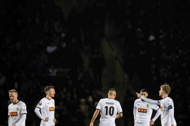 231214 Mikkel Rygaard Jensen, Simon Sandberg , Ali Youssef , Aiham Ousou and Samuel Gustafson of Häcken during the UEFA Europa League match between Qarabag and Häcken on December 14, 2023 in Baku Photo Carl Sandin BILDBYRAN code CS CS0469 football soccer football uefa europa league qarabag häcken bbeng depp  Copyright: CARLxSANDIN BB231214CS059