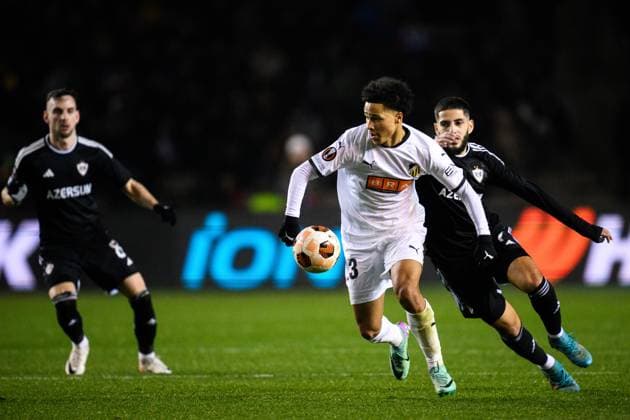 231214 Momodou Lamin Sonko of Häcken during the UEFA Europa League match between Qarabag and Häcken on December 14, 2023 in Baku Photo Carl Sandin BILDBYRAN code CS CS0469 fotboll football soccer football uefa europa league qarabag häcken bbeng  Copyright: CARLxSANDIN BB231214CS062
