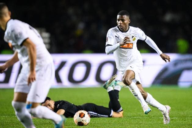 231214 Akoua Romeo Amane of Häcken during the UEFA Europa League match between Qarabag and Häcken on December 14, 2023 in Baku Photo Carl Sandin BILDBYRAN code CS CS0469 fotboll football soccer football uefa europa league qarabag häcken bbeng  Copyright: CARLxSANDIN BB231214CS066