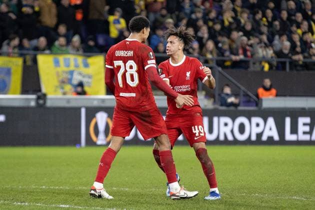 Royale Union Saint Gilloise v Liverpool Europa League 14 12 2023. GOAL 1-1 Liverpool defender Jarell Quansah (78) scores and celebrates with Liverpool forward Kaide Gordon (49) during the Europa League match between Royale Union Saint Gilloise and Liverpool at Lotto Park, Anderlecht, Belgium on 14 December 2023. Editorial use only , Copyright: xIanxStephenx PSI-18627-0019