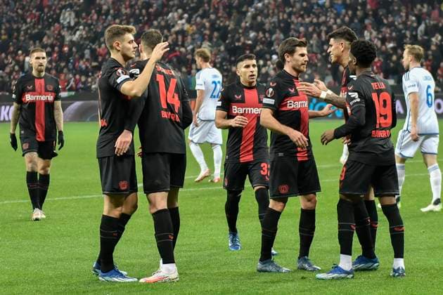 the Leverkusen team celebrates after the own goal for 3 0, goal scorer Martin Ellingsen 6, Molde FK 14 12 2023 Soccer Europa League, Bayer 04 Leverkusen vs Molde FK, BayArena, Leverkusen, NRW Germany Copyright: xpepphotox xHorstxMauelshagenx pep00321, pep_20231214_hm