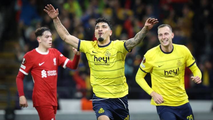Union s Cameron Puertas Castro celebrates after scoring during a game between Belgian soccer team Royale Union Saint Gilloise and English club Liverpool FC, on Thursday 14 December 2023 in Brussels, on the sixth and last day of the group phase of the UEFA Europa League competition, in group E. VIRGINIExLEFOUR  x82341250x