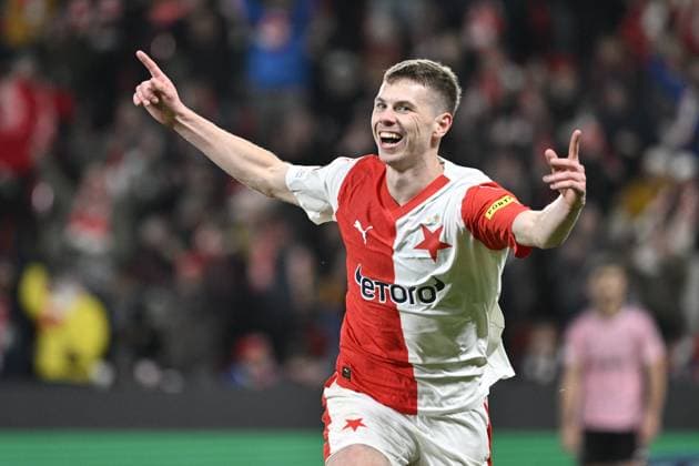 David Doudera of Slavia celebrates a goal during the UEFA Europa League 6th round Group G football match Slavia Praha vs Servette Geneva in Prague, Czech Republic, December 14, 2023. (CTKxPhoto VitxSimanek) CTKPhotoP2023121407636  CTKPhotoP2023121407636