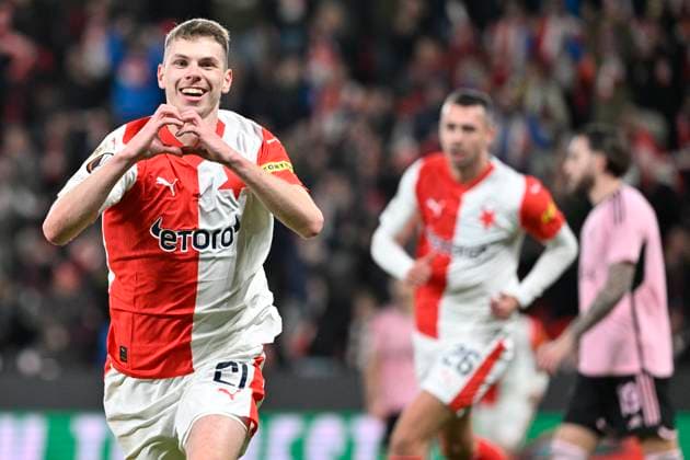 David Doudera of Slavia celebrates a goal during the UEFA Europa League 6th round Group G football match Slavia Praha vs Servette Geneva in Prague, Czech Republic, December 14, 2023. (CTKxPhoto VitxSimanek) CTKPhotoP2023121408022  CTKPhotoP2023121408022