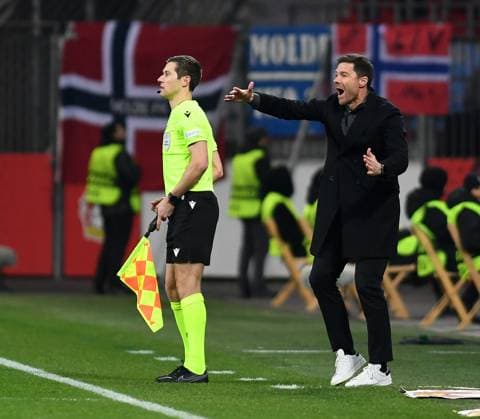 14 12 2023, Leverkusen, Germany, BayARENA, Bayer Leverkusen vs Molde FK UEFA Europa League 2023 2024 Group H, Coach Xabier Xabi Alonso Bayer 04 Leverkusen gestures, gestures Photo Ralf Treese Leverkusen BayARENA North Rhine Westphalia Germany 521_LEVMOL20231214_016 Treese-521