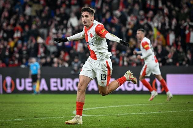 Mojmir Chytil of Slavia celebrates a goal during the UEFA Europa League 6th round Group G football match Slavia Praha vs Servette Geneva in Prague, Czech Republic, December 14, 2023. (CTKxPhoto VitxSimanek) CTKPhotoP2023121408091  CTKPhotoP2023121408091