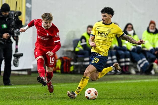 BRUSSELS - (l-r) Harvey Elliot of Liverpool FC, Cameron Puertas of Royale Union Saint-Gilloise during the UEFA Europa League in group E match between R. Union Sint Gillis and Liverpool FC at Lotto Park stadium on December 14, 2023 in Brussels, Belgium . ANP Hollandse Hoogte UEFA Europa Europa League 2023 24 2022 2023 xVIxANPxSportx xGerritxvanxKeulenxIVx 486295023 originalFilename: 486295023.jpg