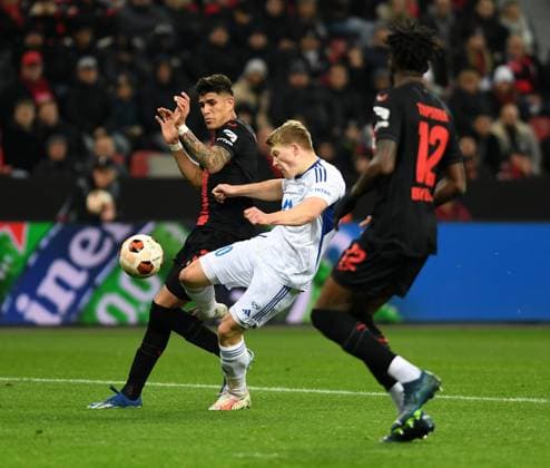 14 12 2023, Leverkusen, Germany, BayARENA, Bayer Leverkusen vs Molde FK UEFA Europa League 2023 2024 Group H, Piero Hincapie Bayer 04 Leverkusen , Kristian Eriksen Molde FK and Edmond Tapsoba Bayer 04 Leverkusen in a duel Photo Ralf Treese Leverkusen BayARENA North Rhine Westphalia Germany 521_LEVMOL20231214_023 Treese-521