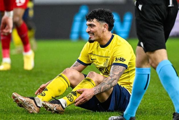 Union s Cameron Puertas Castro reacts during a game between Belgian soccer team Royale Union Saint Gilloise and English club Liverpool FC, on Thursday 14 December 2023 in Brussels, on the sixth and last day of the group phase of the UEFA Europa League competition, in group E. LAURIExDIEFFEMBACQ  x82342603x