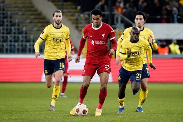 Ryan Gravenberch of Liverpool loses a boot Union Saint-Gilloise v Liverpool, UEFA Europa League, Group E, Football, Lotto Park, Brussels, Belgium - 14 Dec 2023 EDITORIAL USE ONLY No use with unauthorised audio, video, data, fixture lists, club league logos or live services. Online in-match use limited to 120 images, no video emulation. No use in betting, games or single club league player publications. Copyright: xDavexWinter Shutterstockx 14254246bl