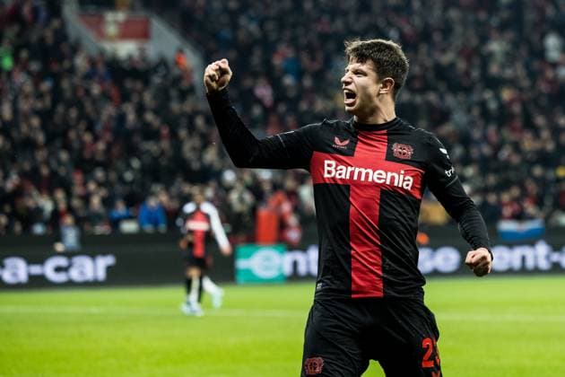 UEFA Europa League Bayer 04 Leverkusen Molde FK 14 12 2023 Adam Hlozek celebrates 4-0 Bayer 04 Leverkusen, 23 UEFA Europa League matchday 6 Bayer 04 Leverkusen Molde FK, BayArena Leverkusen on 14 12 2023 DFL REGULATIONS PROHIBIT ANY USE OF PHOTOGRAPHS AS IMAGE SEQUENCES AND OR QUASI VIDEO Copyright: xBEAUTIFULxSPORTS Wunderlx