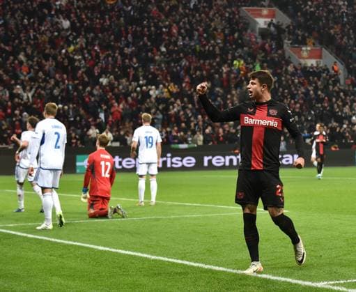14 12 2023, Leverkusen, Germany, BayARENA, Bayer Leverkusen vs Molde FK UEFA Europa League 2023 2024 Group H, Adam Hlozek Bayer 04 Leverkusen goal celebration, celebrates after his goal for 4 0 Photo Ralf Treese Leverkusen BayARENA North Rhine Westphalia Germany 521_LEVMOL20231214_030 Treese-521