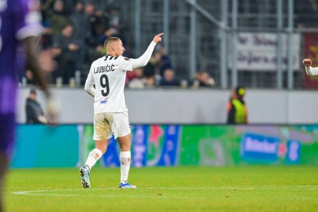SOCCER - UEFA EL, LASK vs Toulouse LINZ,AUSTRIA,14.DEC.23 - SOCCER - UEFA Europa League, group stage, Linzer ASK vs Toulouse FC. Image shows the rejoicing of Marin Ljubicic (LASK).  GEPAxpictures xChristianxMoser