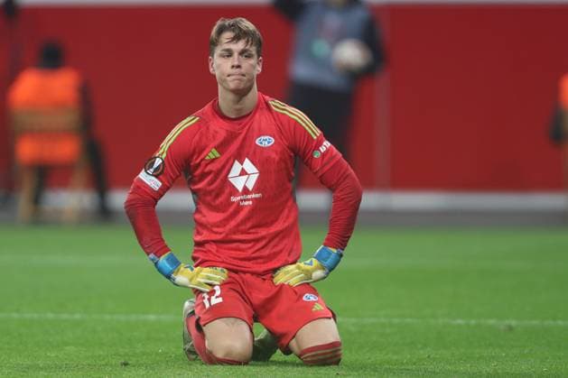 Germany, Leverkusen, 14 12 2023, BayArena, Bayer Leverkusen vs Molde FK UEFA Europa League 2023 2024 Group H, Goalkeeper Oliver Petersen Molde FK looks dejected Leverkusen BayArena North Rhine Westfalia Germany eu-images-678