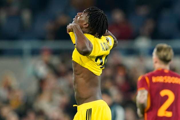 David Ankeye of FC Sheriff Tiraspol looks dejected during the UEFA Europa League match between AS Roma and FC Sheriff Tiraspol at Stadio Olimpico Rome Italy on 14 December 2023. Rome Stadio Olimpico Rome Italy Copyright: xPhotoxSportxPicsx SP24-786-032