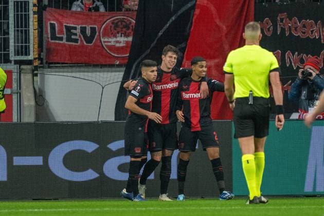 GER, EL, Bayer 04 Leverkusen vs Molde FK, Season 2023 24, 14 12 2023, BayArena, Leverkusen, GER, EL, Bayer 04 Leverkusen vs Molde FK, Season 2023 24, In the picture cheering after the goal for 4 0 goal cheers cheers cheers by Adam Hlozek Bayer 04 Leverkusen, 23 Gustavo Puerta Bayer 04 Leverkusen, 32 Amine Adli Bayer 04 Leverkusen, 21 Gestures, facial expressions, emotions nordphotoxGmbHxx xDenkinger nph00015