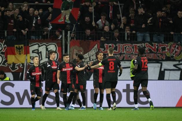 GER, EL, Bayer 04 Leverkusen vs Molde FK, Season 2023 24, 14 12 2023, BayArena, Leverkusen, GER, EL, Bayer 04 Leverkusen vs Molde FK, Season 2023 24, In the picture cheering after the goal for 4 0 goal cheers cheers cheers by Adam Hlozek Bayer 04 Leverkusen, 23 Gustavo Puerta Bayer 04 Leverkusen, 32 Amine Adli Bayer 04 Leverkusen, 21 Gestures, facial expressions, emotions nordphotoxGmbHxx xDenkinger nph00015