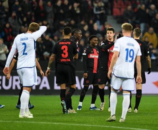 14 12 2023, Leverkusen, Germany, BayARENA, Bayer Leverkusen vs Molde FK UEFA Europa League 2023 2024 Group H, Adam Hlozek Bayer 04 Leverkusen goal celebration, celebrates with his team after scoring the 5 0 goal Photo Ralf Treese Leverkusen BayARENA North Rhine Westphalia Germany 521_LEVMOL20231214_031 Treese-521
