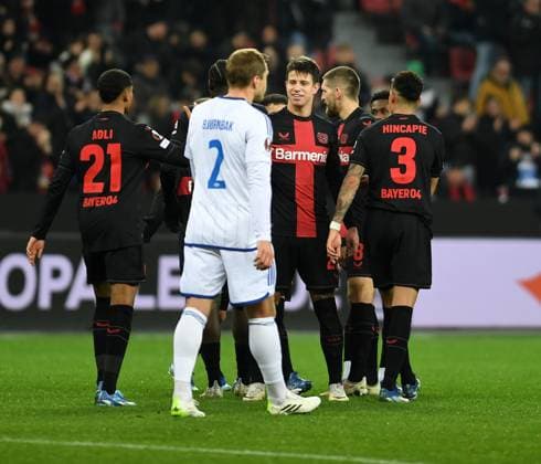 14 12 2023, Leverkusen, Germany, BayARENA, Bayer Leverkusen vs Molde FK UEFA Europa League 2023 2024 Group H, Adam Hlozek Bayer 04 Leverkusen goal celebration, celebrates with his team after scoring the 5 0 goal Photo Ralf Treese Leverkusen BayARENA North Rhine Westphalia Germany 521_LEVMOL20231214_033 Treese-521